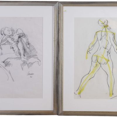 Sale Photo Thumbnail #282: Two Charcoal Drawings of Nude Figures.