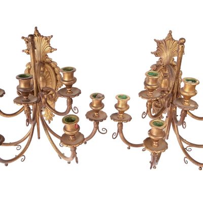 Sale Photo Thumbnail #359: Pair of Ornate Gilt Metal Seven Light Wall Sconces.