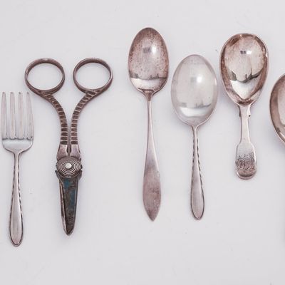 Sale Photo Thumbnail #348: Group of Child's Sterling Flatware and a Pair of Grape Shears.