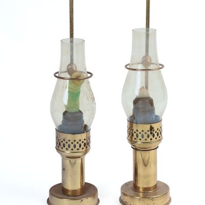Pair of Brass Candle Holders With Hurricane Shades
