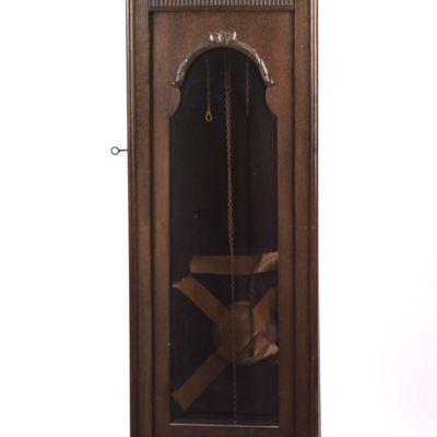 Oak Tall Case Clock With Hammered Copper Face.