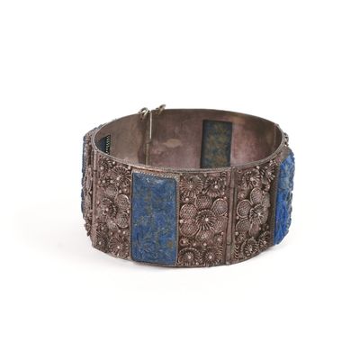 Sale Photo Thumbnail #112: Chinese Carved Lapis or Sodalite and Silver Filigree Bracelet