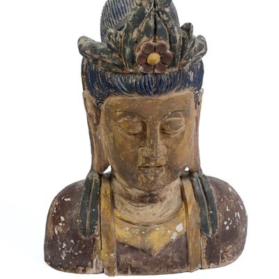 Sale Photo Thumbnail #253: Large Carved Wooden Bust of a Bodhisattva.