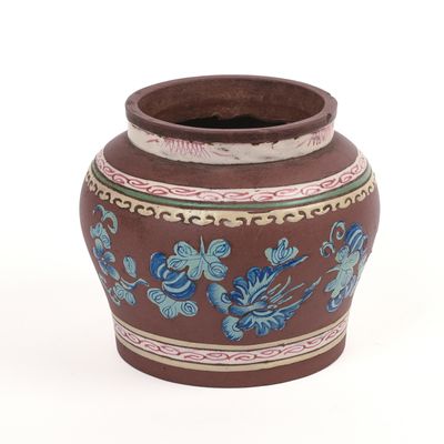 Sale Photo Thumbnail #108: Unusual Chinese Enamel Decorated Yixing Pottery Jar