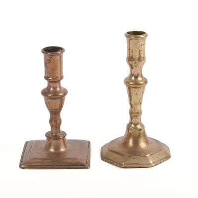 Sale Photo Thumbnail #352: Two 17th or Early 18th Century Brass Candlesticks.