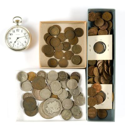 Sale Photo Thumbnail #218: Silver Coins Incl. Silver Morgan Dollars and Antique Pocket Watch