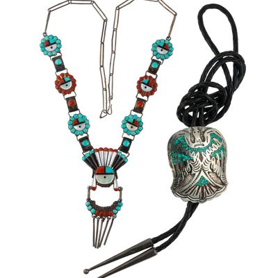 Sale Photo Thumbnail #62: Natachu Thunderbird Bolo Tie & Lalio Sunface Zuni Necklace