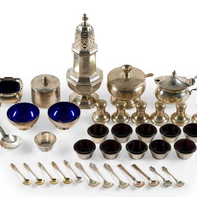 Sale Photo Thumbnail #266: 23 Sterling Silver Salt Dips, Shakers, Serving
