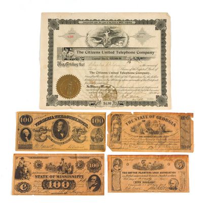 Sale Photo Thumbnail #245: Citizens United Telephone Company Stock & 4 Antique Bank Notes