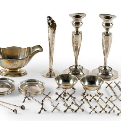 Sale Photo Thumbnail #261: Sterling Silver Candle Sticks, Gravy Boat, Fork Rests