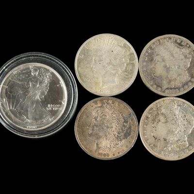 Sale Photo Thumbnail #209: Four Silver Morgan And Peace And One Silver Merican Eagle Dollar
