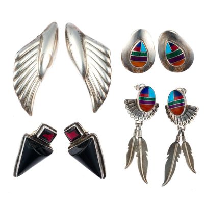 Sale Photo Thumbnail #57: 4 Pairs Sterling Silver Earrings Incl. Inlaid