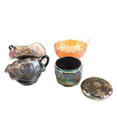 Sale Photo Thumbnail #118: Carnival Glass Nappies & Jar: 4-Pc Lot