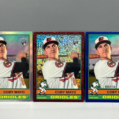 2025 Topps Heritage Chrome Coby Mayo Refractor RC, Burgundy Sparkle RC, & Blue Refractor RC #/150