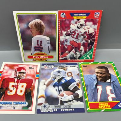 (5) 1980s & 90s Football Star Player Rookie Cards - Varying Conditions - Barry Sanders RC, Emmitt Smith RC, Phil Simms RC