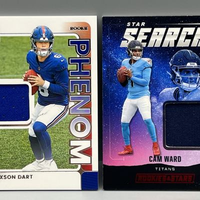 2025 Panini Donruss Jaxson Dart Rookie Phenoms RC Relic & 2025 Panini Rookies & Stars Cam Ward Star Search RC Relic