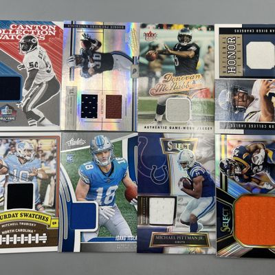 (8) Assorted Football Relic Cards W/ Doug Flutie, Michael Pittman Jr, Mike Singletary, & More