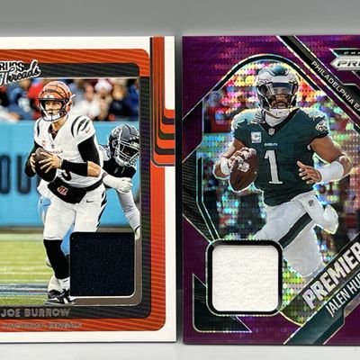 2025 Panini Donruss Threads Joe Burrow Jersey Relic & 2025 Panini Prizm Jalen Hurts Purple Pulsar Jersey Relic
