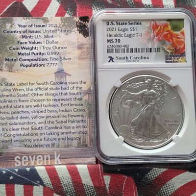 Sale Photo Thumbnail #373: 2021 American Silver Eagle T-1 Heraldic Eagle 1 Troy Oz. .999 Silver NGC MS 70 - U.S. State Series South Carolina #17 of 50