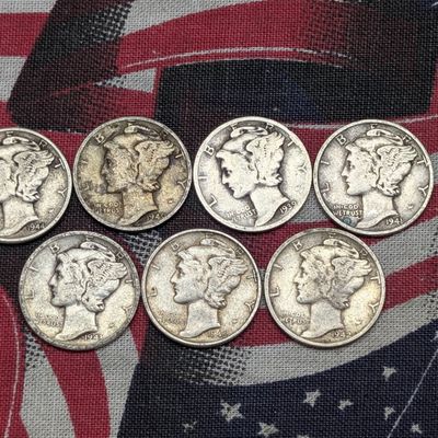 Sale Photo Thumbnail #93: 1939, 40, 41-D, 42, 43-S, 44, 45 Mercury 90% Silver Dimes - Consecutive Dates - Different Mint Marks