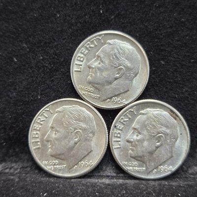 Sale Photo Thumbnail #218: (3) 1964-D Roosevelt Dimes, 62 Years old, 90% Silver