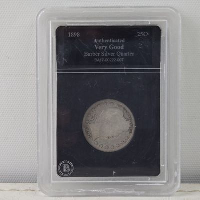 Sale Photo Thumbnail #308: 1898 Barber 90% Silver Quarter, Very Good