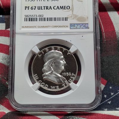 Sale Photo Thumbnail #221: 1956 Franklin 90% Silver Half Dollar Type 2 NGC PF 67 ULTRA CAMEO