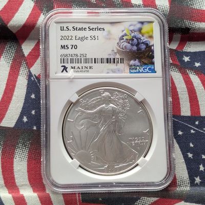 Sale Photo Thumbnail #387: 2022 American Silver Eagle 1 Troy Oz. .999 Silver NGC MS70 - U.S. State Series Maine #40 of 50