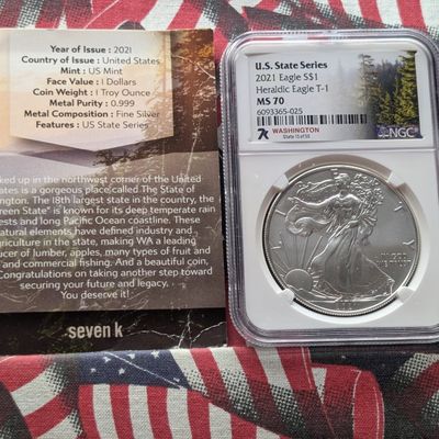 Sale Photo Thumbnail #45: 2021 American Silver Eagle, T-1 Heraldic Eagle 1 Troy Oz. .999 Silver NGC MS70 U.S. State Series #15 of 50 - Washington