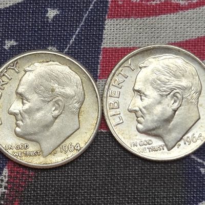Sale Photo Thumbnail #25: (2) 1964 Roosevelt Dimes, 90% Silver