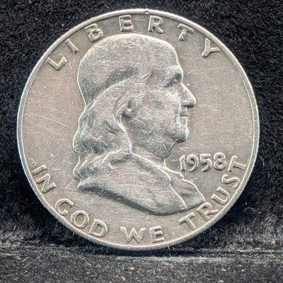 Sale Photo Thumbnail #348: 1958-D Franklin Half Dollar, 68 Years old,  90% Silver