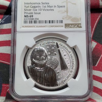 Sale Photo Thumbnail #249: 2021 Interkosmos Series, Yuri Gagarin: 1st Man In Space, One Ounce Silver, 10 Victories, NGC MS 69