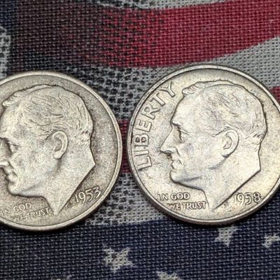 Sale Photo Thumbnail #21: 1953-S and 1958-P Roosevelt 90% Silver Dimes