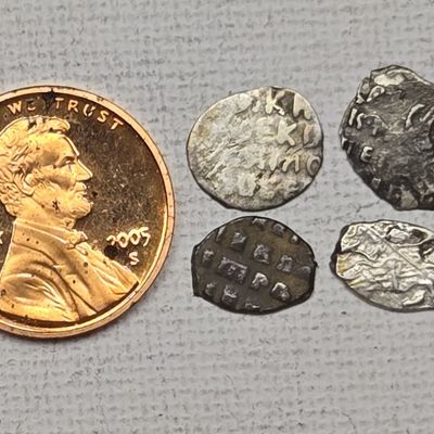 Sale Photo Thumbnail #157: (4) 1547-84 Silver Wire Money, Ivan the Terrible - Penny Is Not Included, Shown For Size Comparison