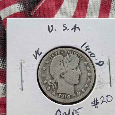 Sale Photo Thumbnail #20: 1910-D 90% Silver Barber Quarter - 116 Years Old!