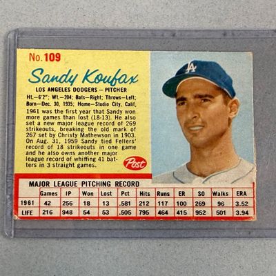 Sale Photo Thumbnail #34: Post Cereal 1962 Sandy Koufax Baseball Card