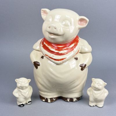 Sale Photo Thumbnail #246: USA Earthenware Smiling Pig Cookie Jar & Shakers