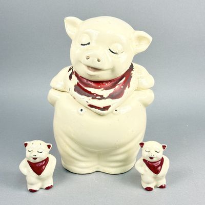 Sale Photo Thumbnail #245: Ceramic Smiling Pig Cookie Jar & Shakers