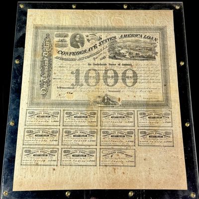 1863 Confederate States of America $1000 Loan Bond with 11 Interest Coupons