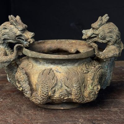 Cast Bronze Chinese Censer with Twin Dragon Handles and Monster Mask Decoration