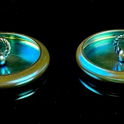 A Pair of Steuben Blue Aurene Glass Vanity Ring Holders Shape 2997