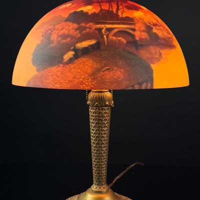 Pittsburgh Lamp Brass and Glass Company Reverse Painted Landscape Table Lamp