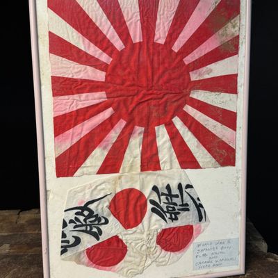 Two Framed World War II Imperial Japanese Textiles Including a Rising Sun War Flag and Kamikaze Hachimaki