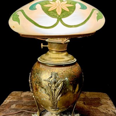 Edward Miller and Company Vestal Art Nouveau Banquet Lamp with Hand Painted Glass Shade