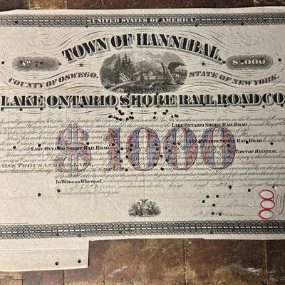 1871 Town of Hannibal $1,000 Municipal Bond for the Lake Ontario Shore Rail Road Company No. 7