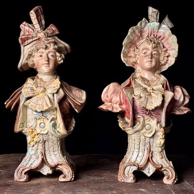 A Pair of Large Brothers Urbach Teplitz Austrian Majolica Portrait Busts
