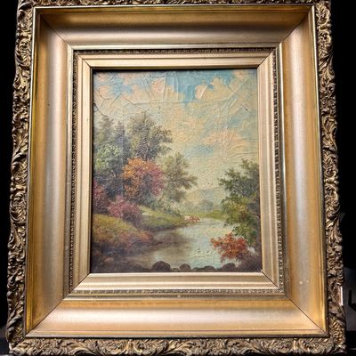 Late 19th or Early 20th Century Pastoral Landscape Oil on Canvas in Ornate Gilded Frame