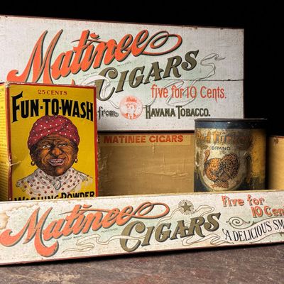 A Trio of Vintage Advertising Items Including Matinee Cigars Display Box, Fun-To-Wash Washing Powder, and Red Turkey Coffee Tin