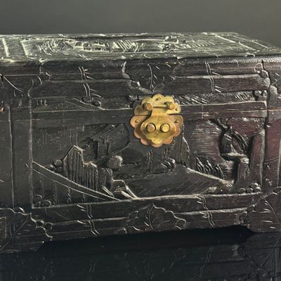 Chinese Export Hand Carved Camphor Wood Jewelry Box