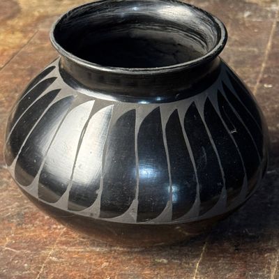 Pueblo Blackware Pottery Jar with Matte Feather Design